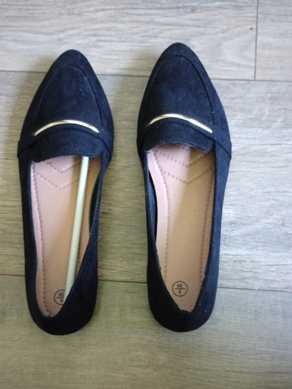 Black Suede Pointy Toe Women's Loafers with Gold Accent, NEW, Size 5